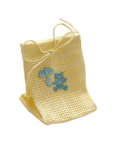 Saco em Juta Bege c/ Urso Azul – Sacos De Organza – Coimpack Embalagens, Lda