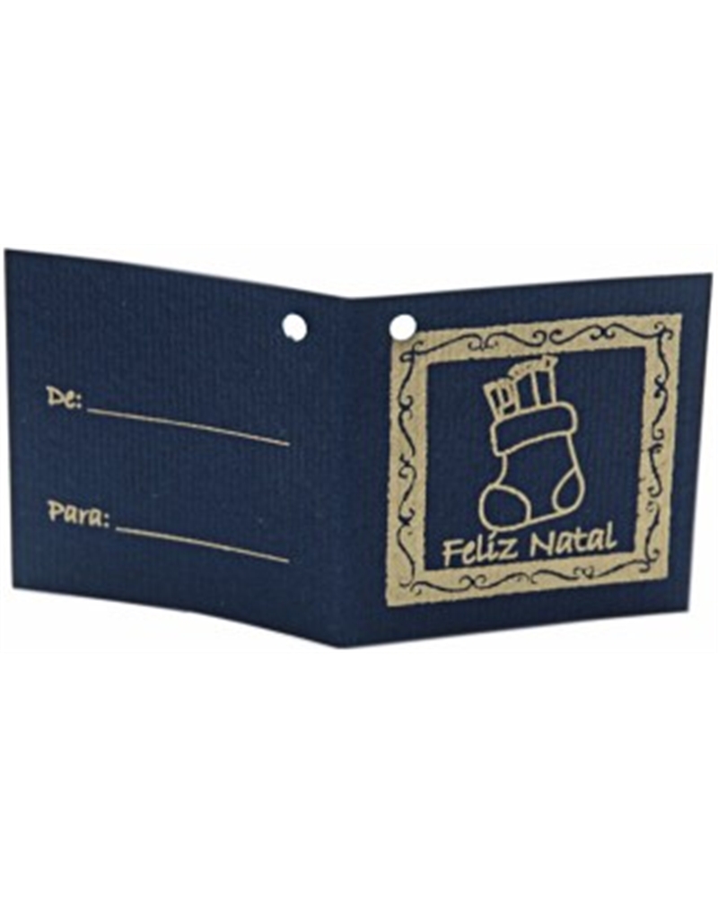 ET Cart.Azul c/Furo Bota Natal Dourado (c/100) 7x3.5cm – Etiquetas – Coimpack Embalagens, Lda