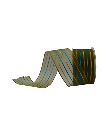 FT4006 | Organza Green Ribbon with Gold/Blue Stripes 40mmx10y