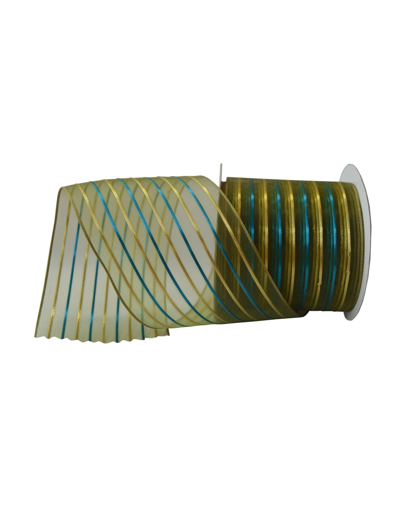 Fita Organza Verde c/Riscas Azul/Dourado 65mm – Fitas – Coimpack Embalagens, Lda