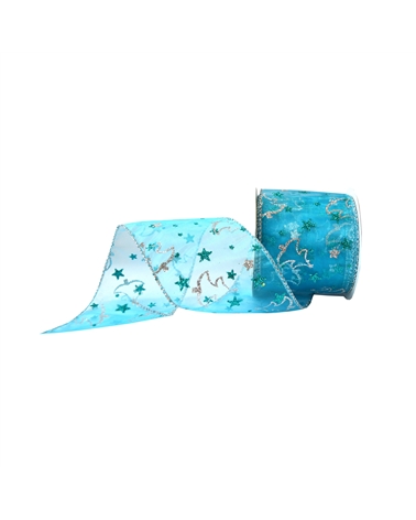 FT4553 | Turquoise Blue Wired Organza Ribbon with Trees 65mmx10y