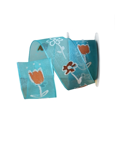 Ruban D´Organza Bleu Avec Fleurs Blanc – Rubans – Coimpack Embalagens, Lda