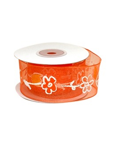FT3992 | Orange Organza Ribbon with White Flowers 40mm